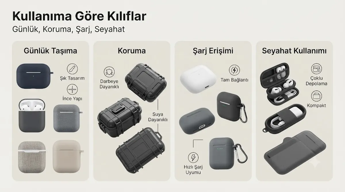 Günlük taşıma, koruma, şarj erişimi ve seyahat kullanımına göre gruplandırılmış kablosuz kulaklık kutusu kılıfı seçenekleri
