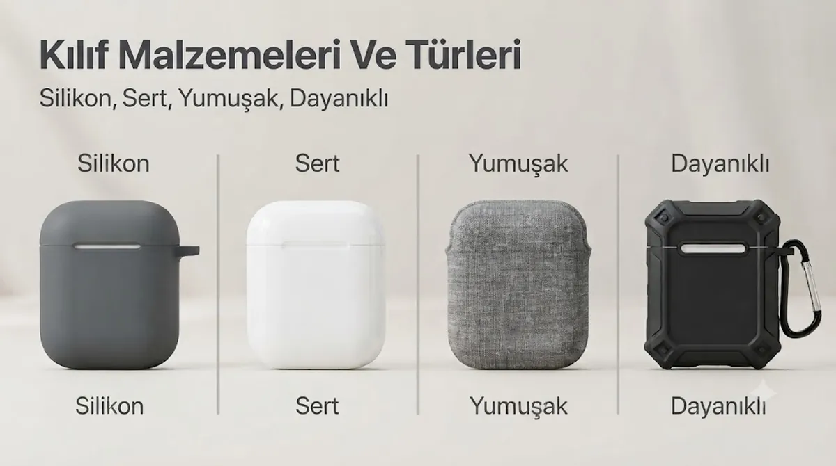 Silikon, sert kabuk, yumuşak kılıf ve dayanıklı tasarımlar dahil kablosuz kulaklık kutusu kılıfı malzemeleri