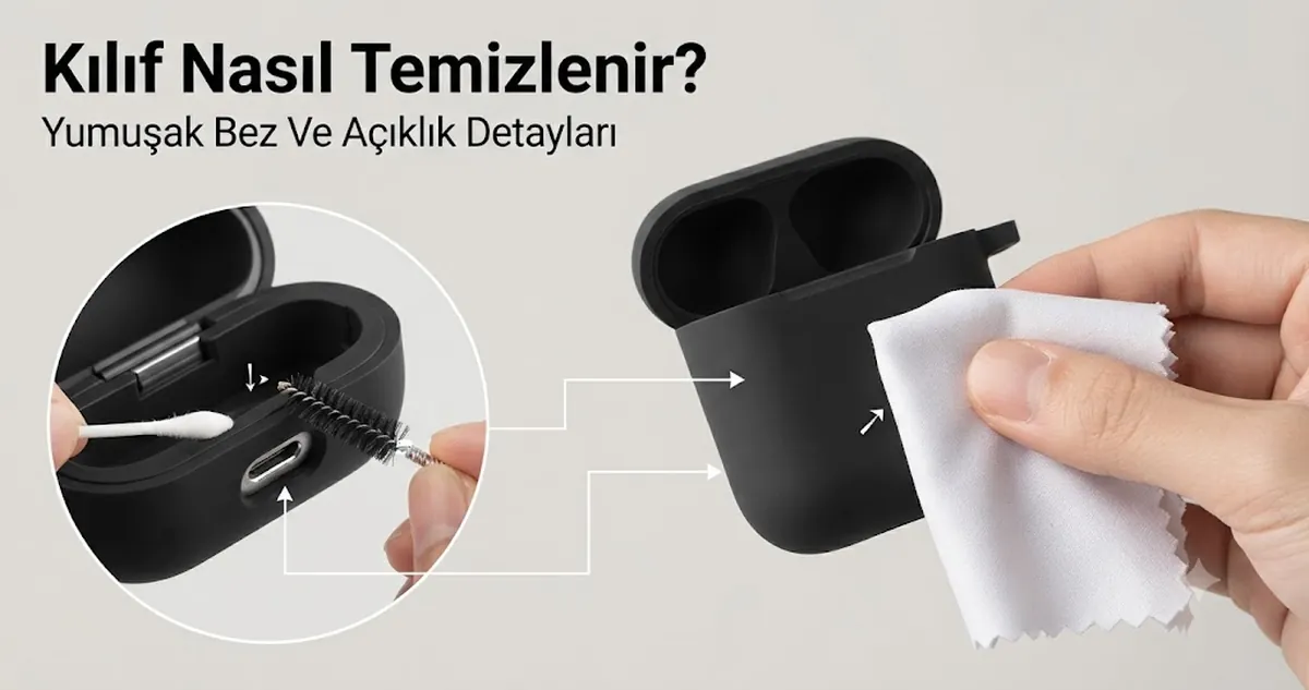 Açıklıkların çevresinde yumuşak bez ve küçük temizlik araçlarıyla temizlenen kablosuz kulaklık kutusu kılıfı