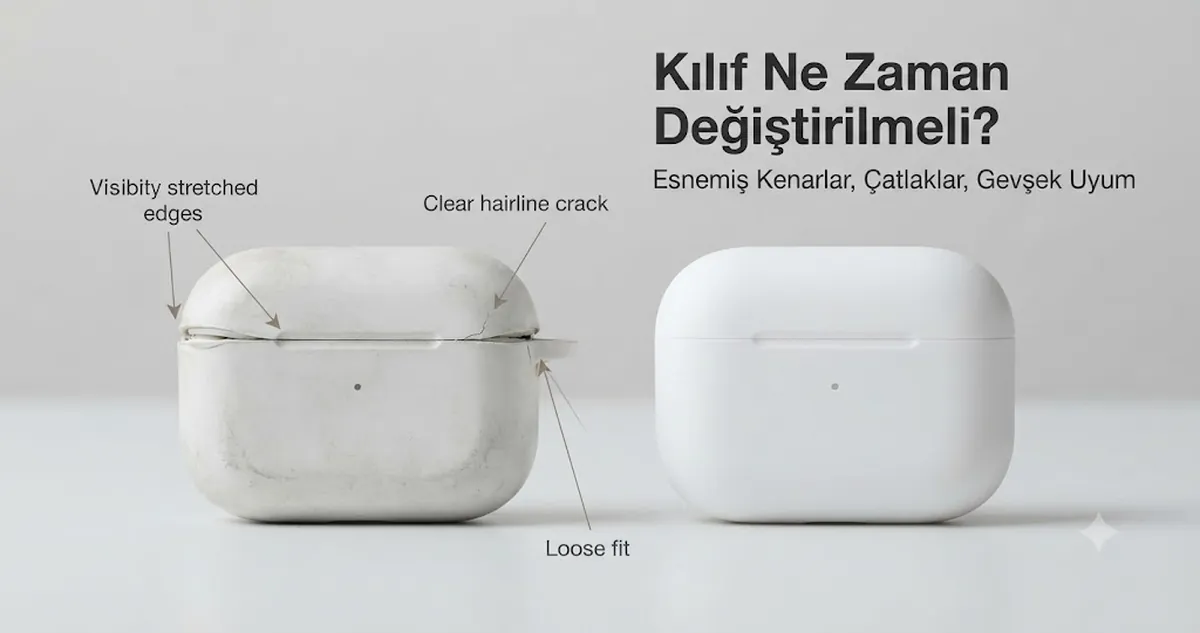 Yanında yedek kılıf bulunan, kenarları esnemiş, çatlamış ve gevşek oturan yıpranmış kablosuz kulaklık kutusu kılıfı