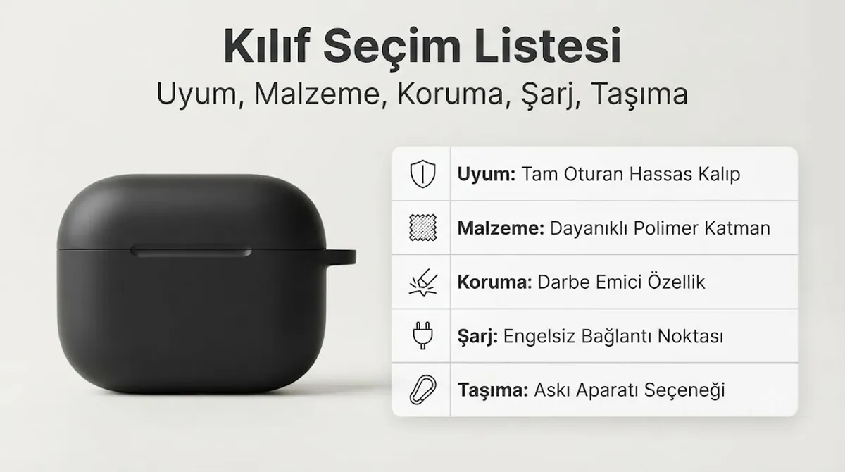 Uyum, malzeme, koruma, şarj erişimi ve taşıma özellikleri içeren kablosuz kulaklık kutusu kılıfı seçim listesi