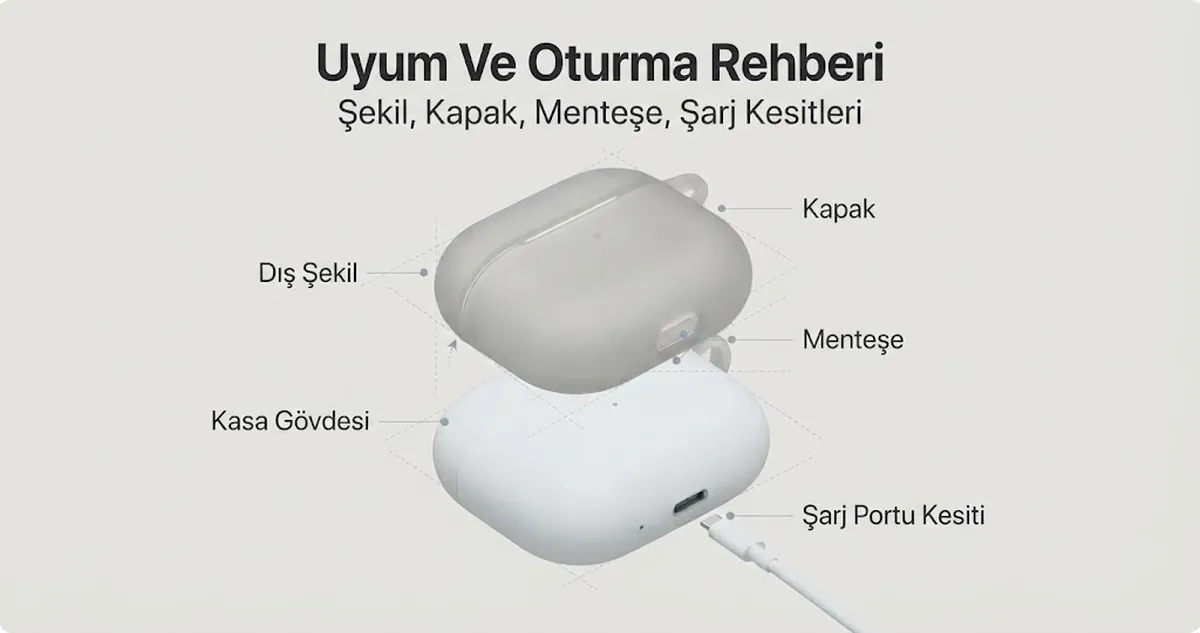 Şarj kutusu şekli, kapak konumu, menteşe ve şarj kesitleriyle hizalanmış kablosuz kulaklık kutusu kılıfı
