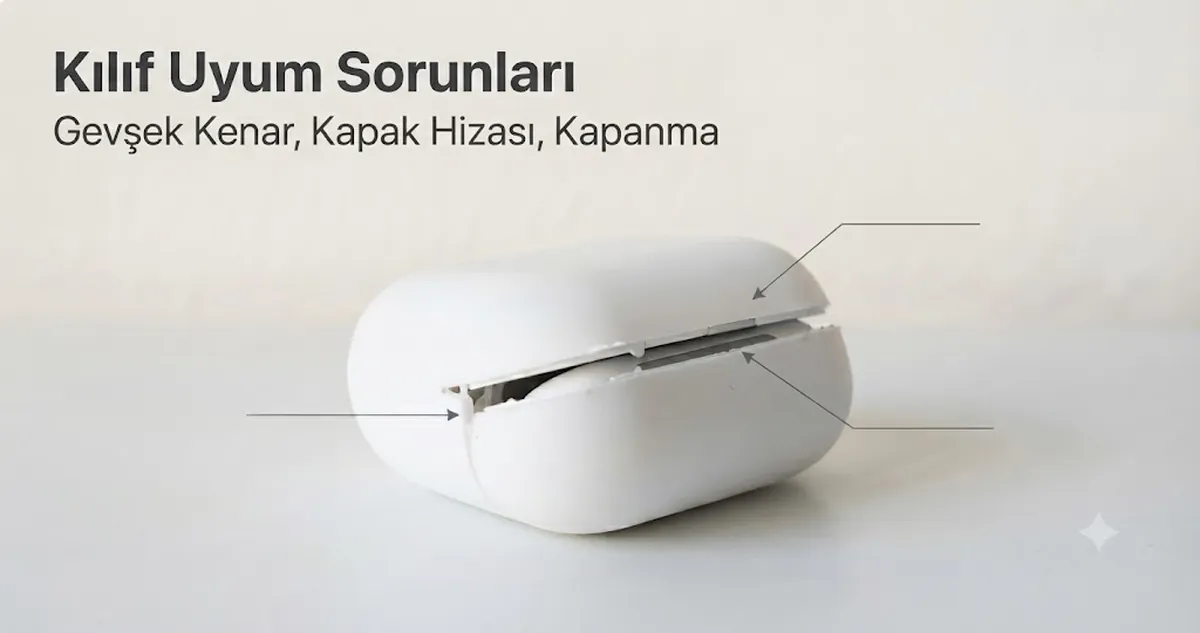 Gevşek kenarlar, kapak hizası ve kapanma sorunları gösterilen kablosuz kulaklık kutusu kılıfı uyum sorunları