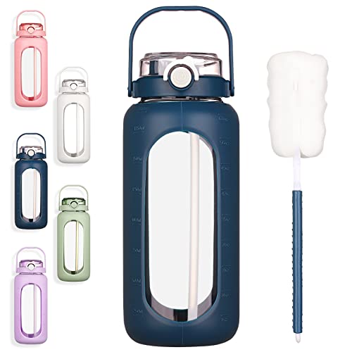 Bouteille D'eau En Verre 32 Oz Avec Paille Et Manche Silicone - Marqueur Temporel, Bouton Pop-up, Idéale Pour Le Sport Et Le Bureau