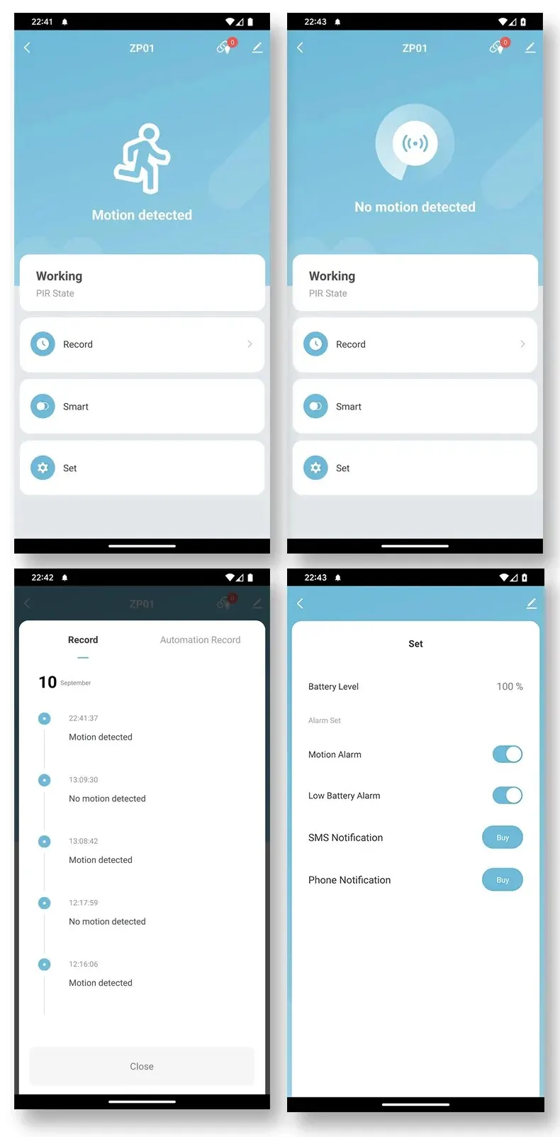 Page principale de l'application et page de réglage